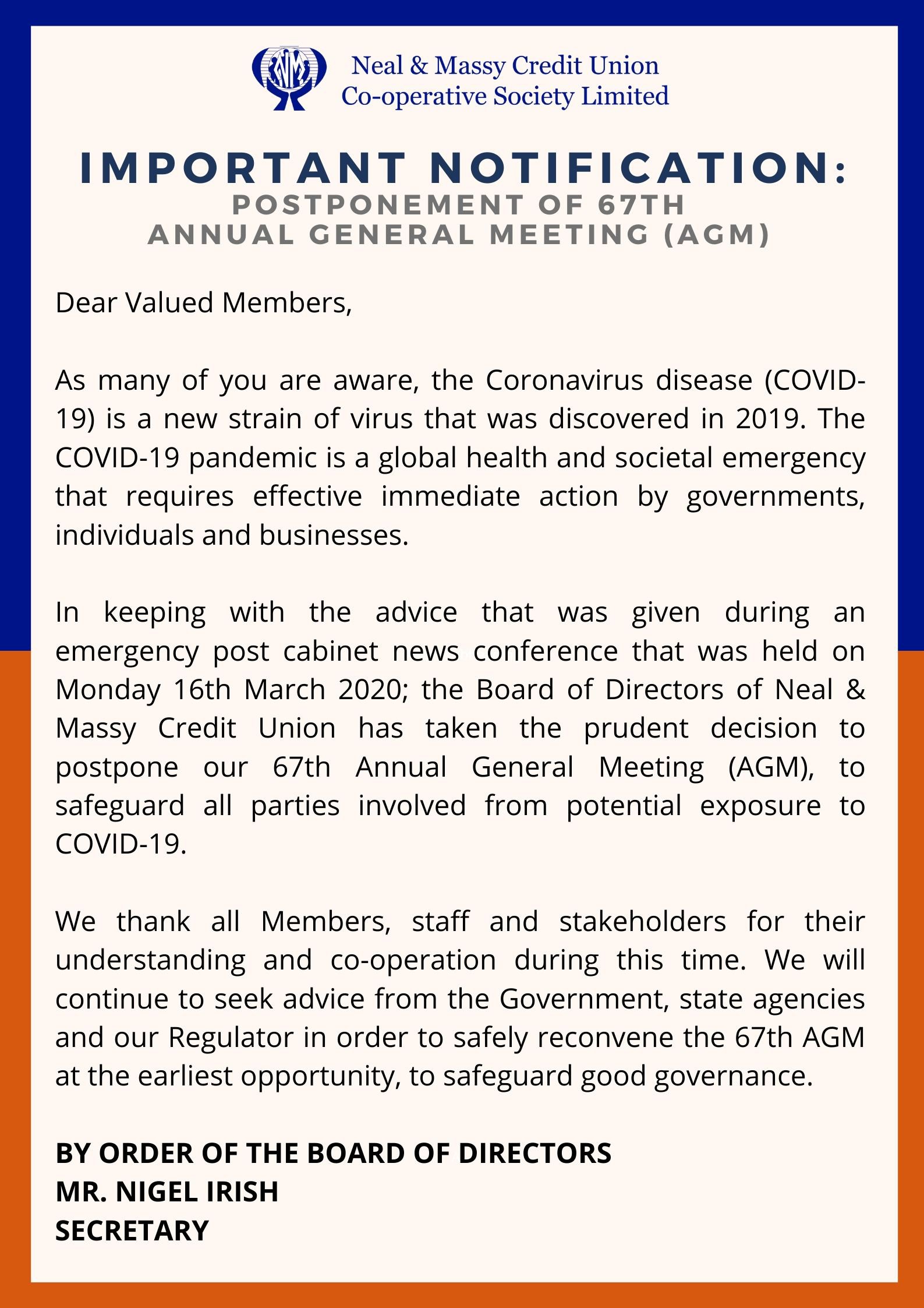 postponement of 67th AGM