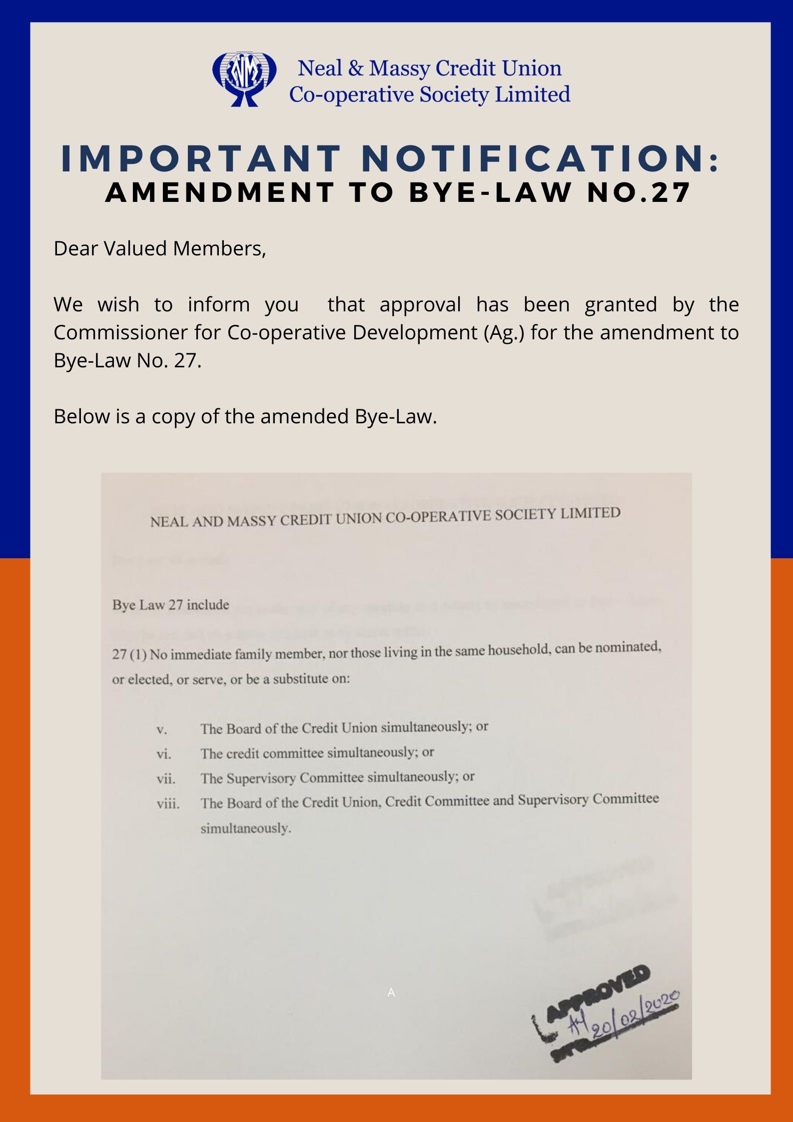 IMPORTANT NOTIFICATION:  AMENDMENT TO BYE-LAW no.27